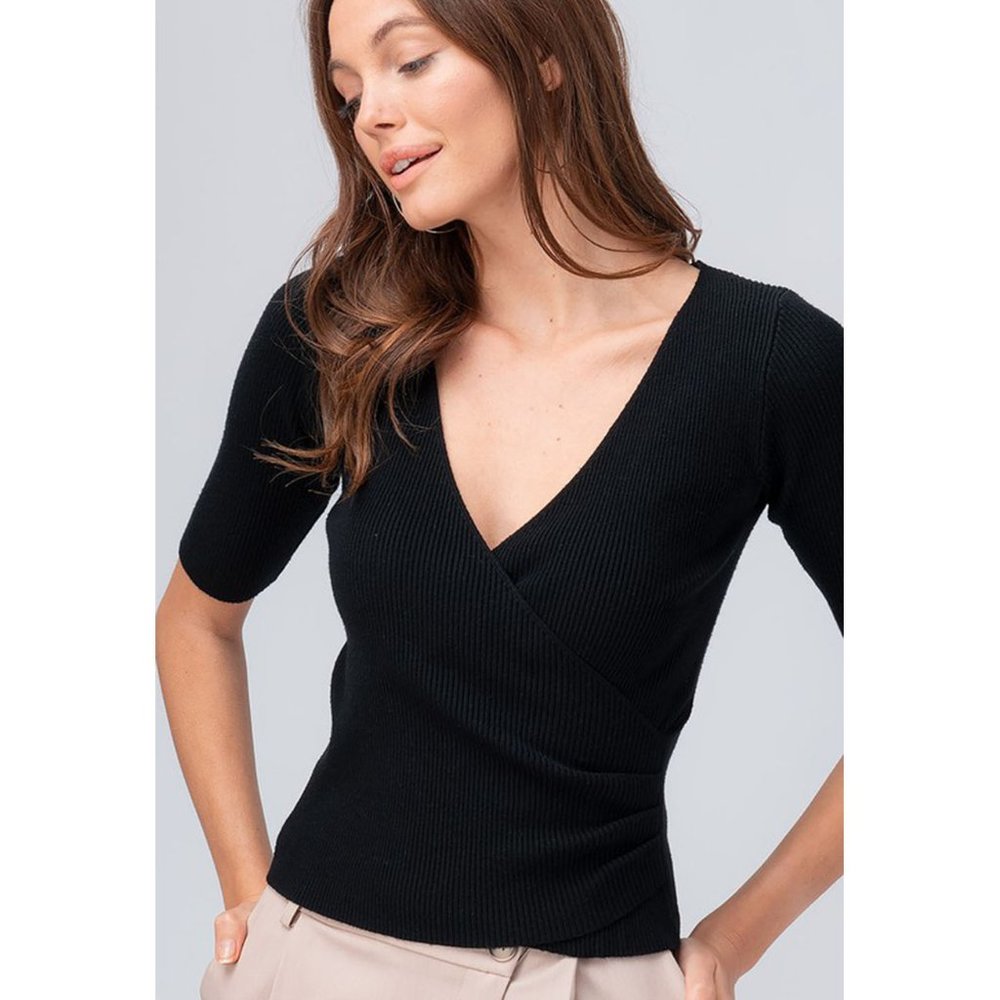 Basic Fun Soft Rib Knit Surplice Black Blouse Top